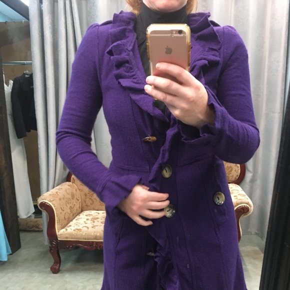 LUII Wool Purple Ruffle Front Jacket Coat Sweater - Picture 4 of 16